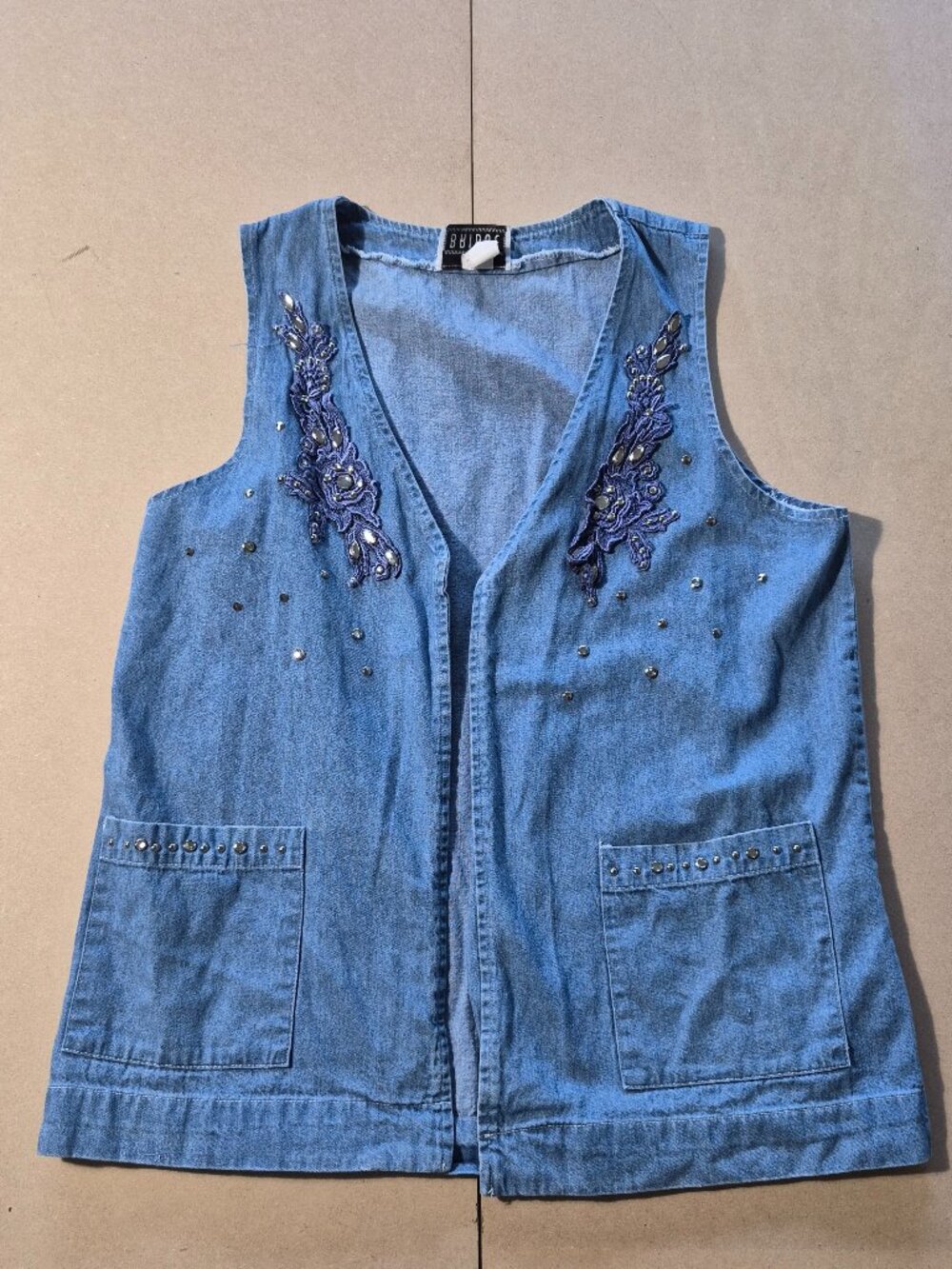 Bridge Vintage Womens M Denim Vest Embroidered Rhinestone Studded Made USA